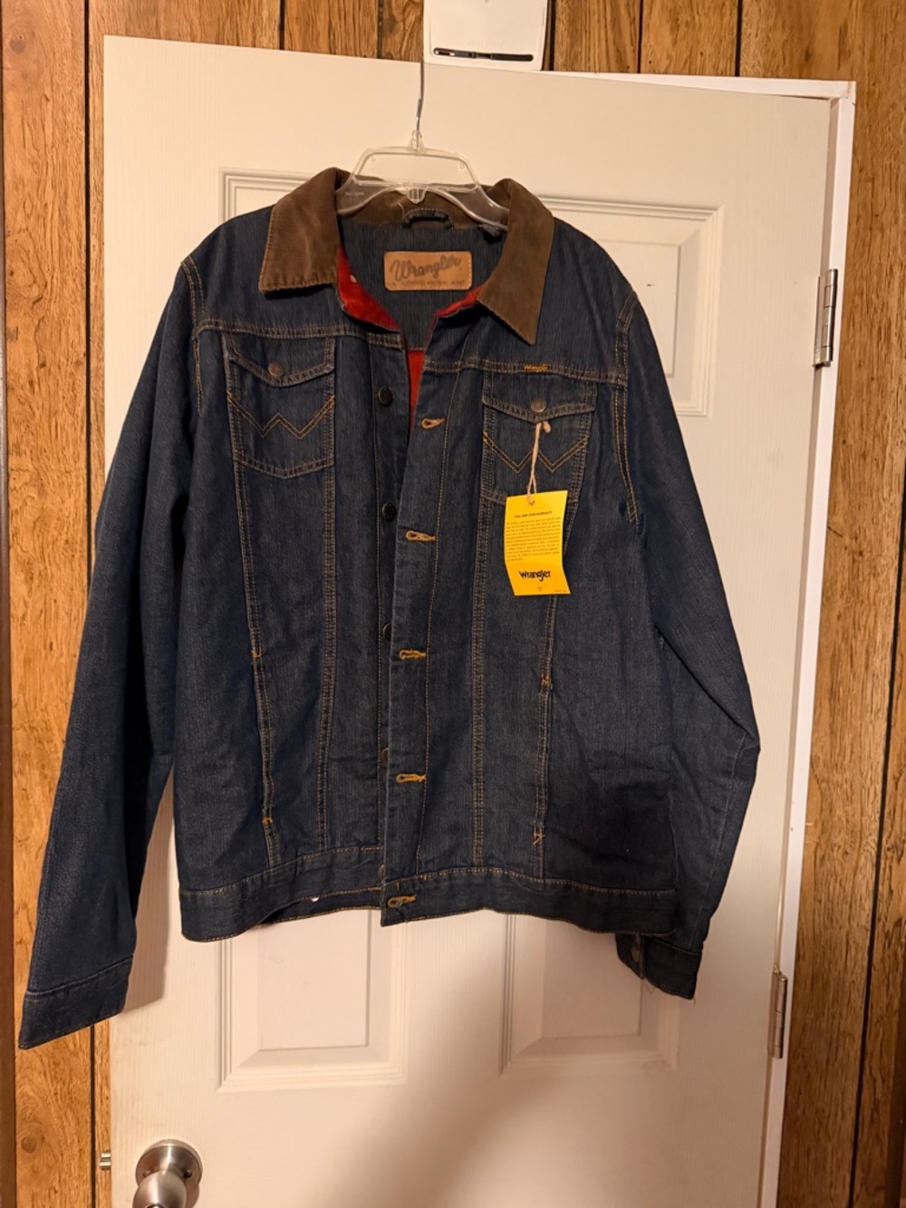 Wrangler Blue Denim Jacket with Brown Corduroy Collar and Red Lining